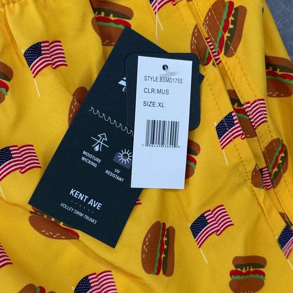 Brooklyn Swim Trunk Cloth Kent Ave Men XL Yellow Burger American Flag Volley NWT